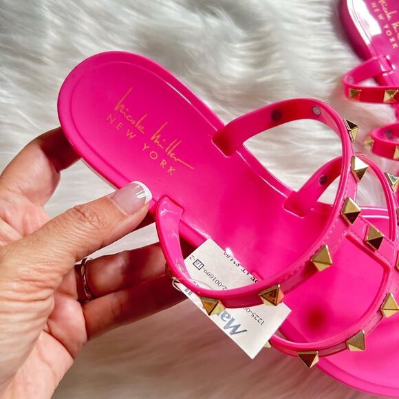 NWT Nicole Miller Sandals Flamingo Pink Jelly Gold Studded Booney in size 8 - Picture 5 of 6